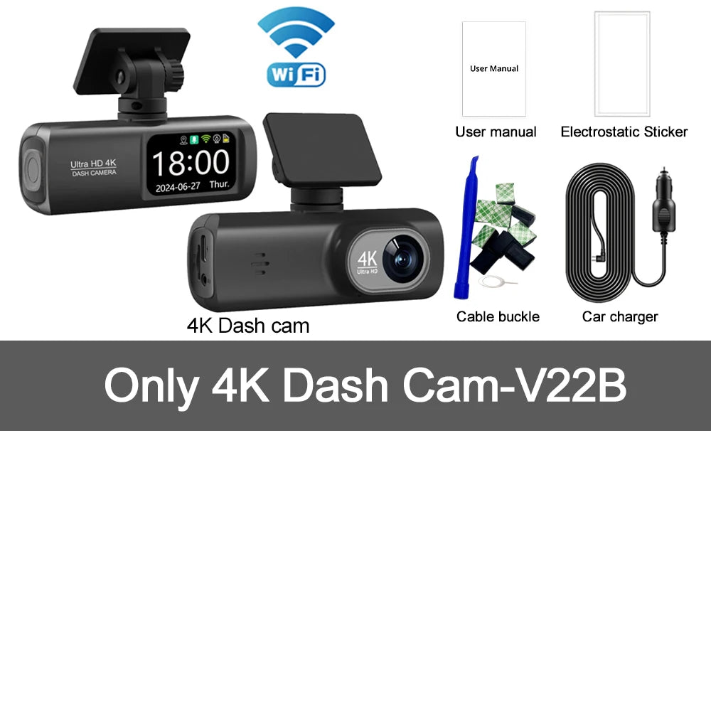 UHD 4K WiFi Dash Cam - Dual Lens Car DVR with Optional 1080P Rear Camera, GPS, and 24H Parking Monitoring