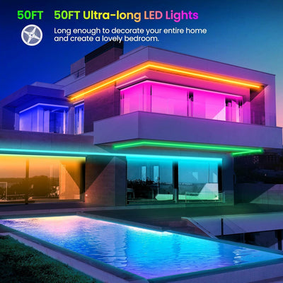 50 FT LED Strip Lights – Bluetooth Color-Changing Lights with Music Sync, Phone & IR Remote Control for Bedroom