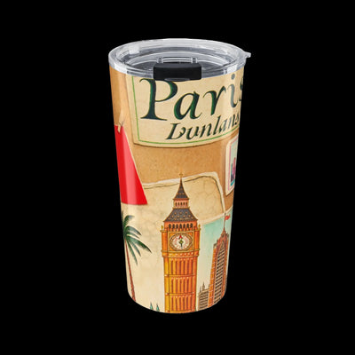 20oz Travel Tumbler – Vintage World Travel Collage (Paris, London, Statue of Liberty)