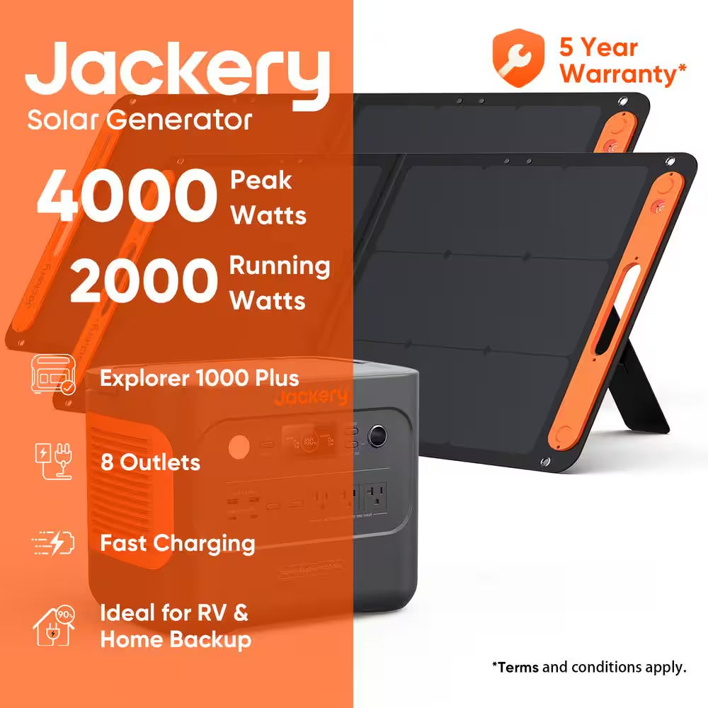2000W Solar Generator 1000+ with Expandable LiFePO4 Battery, Push-Button Start & Dual 100W Solar Panels
