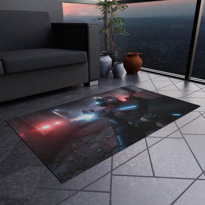 Cyberpunk Tactical Outdoor Rug — Futuristic Shooter Scene Patio Mat