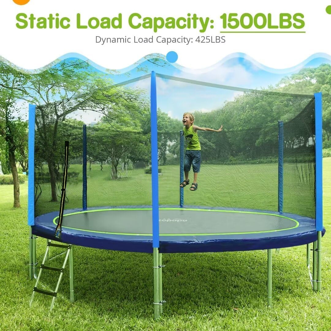 No-Gap Design Outdoor Trampoline with Safety Enclosure Net, 1500 LBS Capacity - Available in Sizes 8FT to 16FT