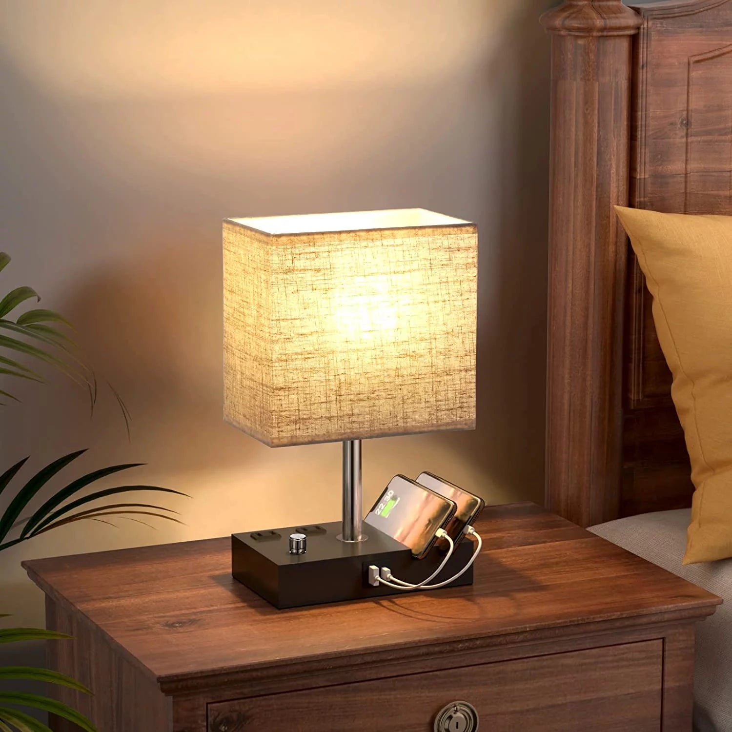 Fully Dimmable Bedside Lamp with USB Ports, Phone Stands, and Charging Outlets