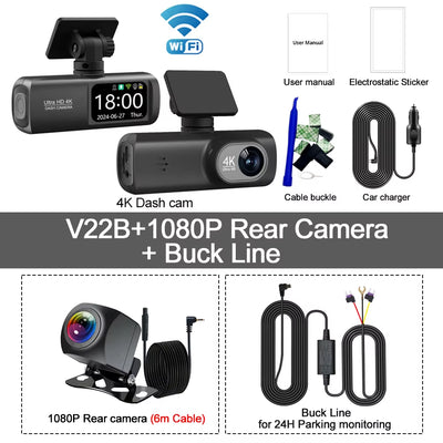UHD 4K WiFi Dash Cam - Dual Lens Car DVR with Optional 1080P Rear Camera, GPS, and 24H Parking Monitoring