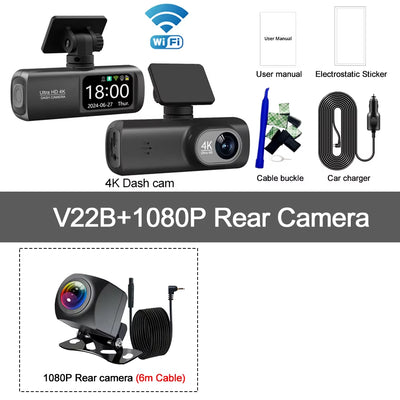 UHD 4K WiFi Dash Cam - Dual Lens Car DVR with Optional 1080P Rear Camera, GPS, and 24H Parking Monitoring