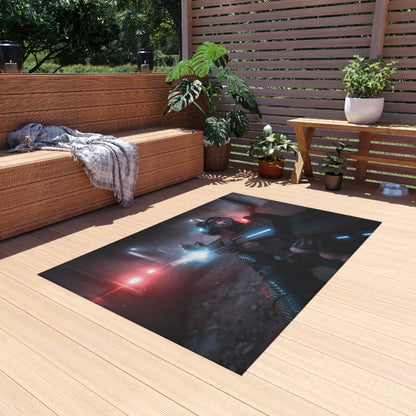 Cyberpunk Tactical Outdoor Rug — Futuristic Shooter Scene Patio Mat