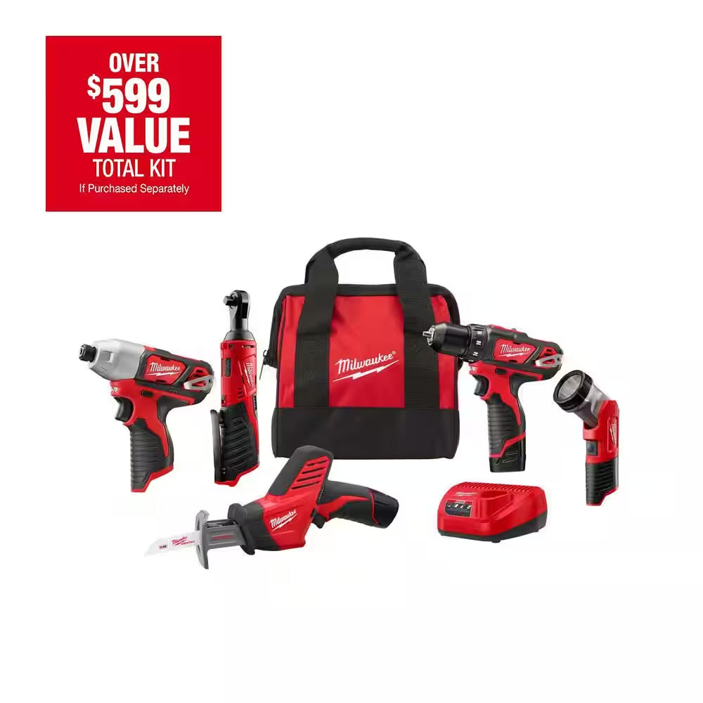 Milwaukee M12 12V Lithium-Ion 5-Tool Cordless Combo Kit with 2 Batteries, Charger & Tool Bag
