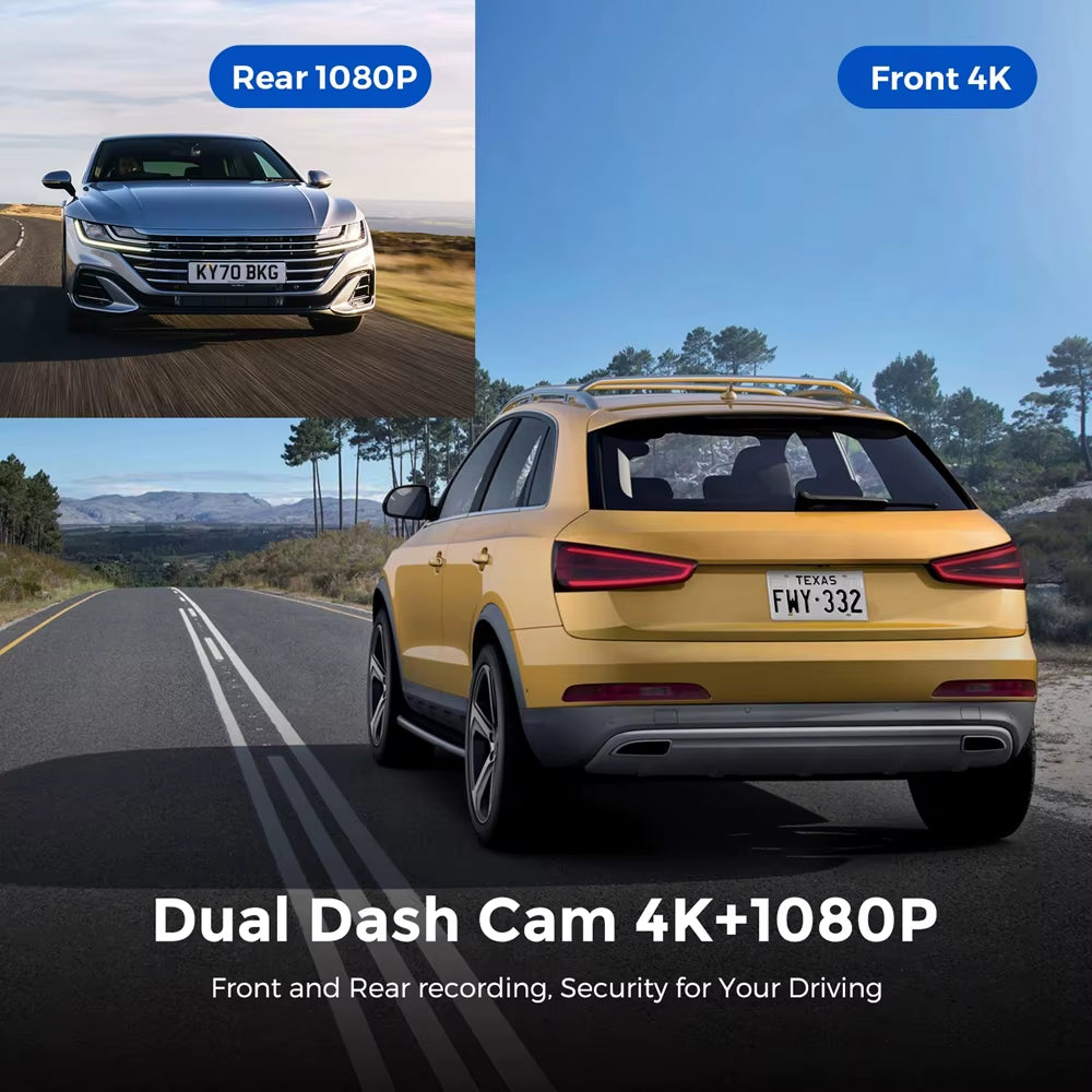 UHD 4K WiFi Dash Cam - Dual Lens Car DVR with Optional 1080P Rear Camera, GPS, and 24H Parking Monitoring
