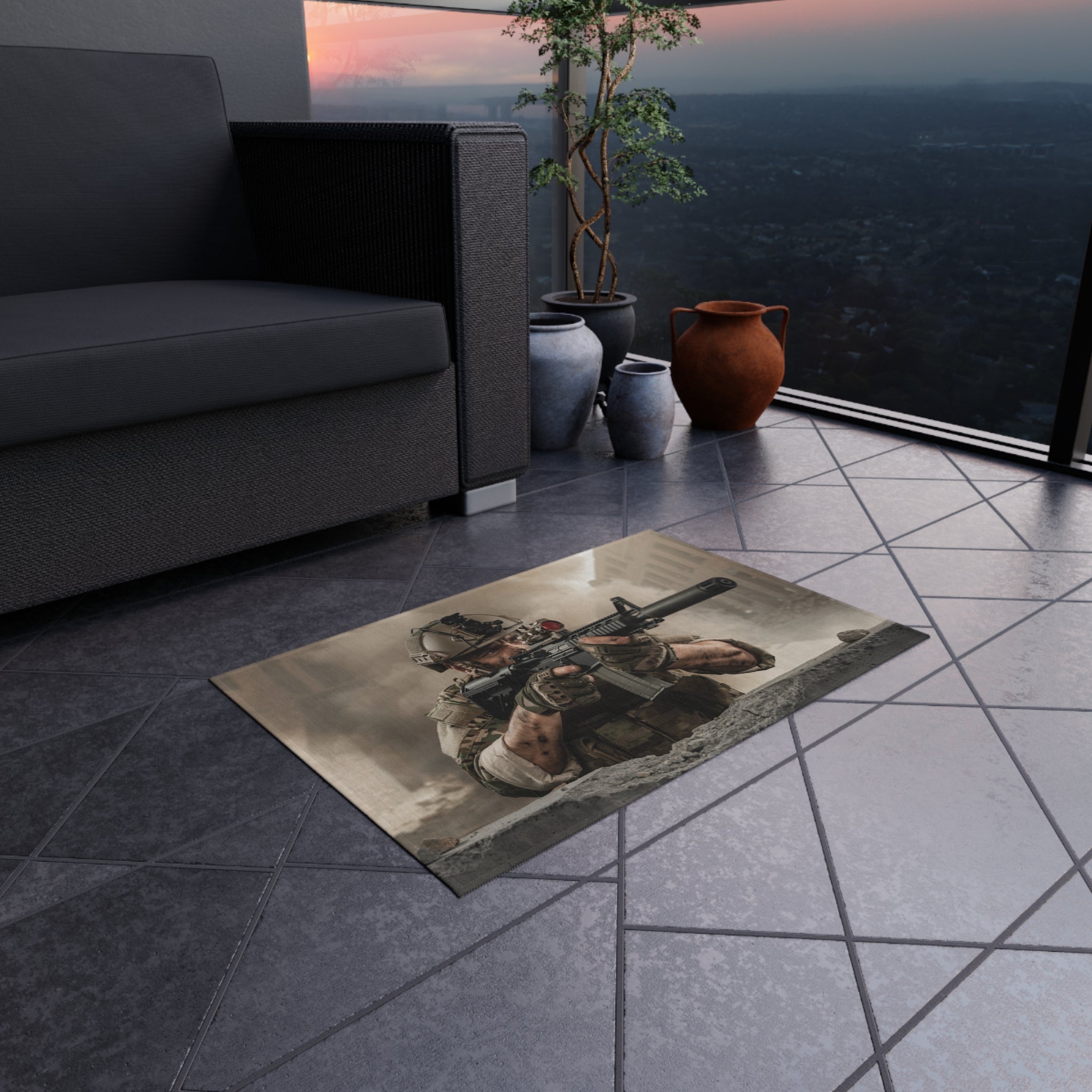 Tactical Soldier Outdoor Rug — Military Combat Scene Patio Mat
