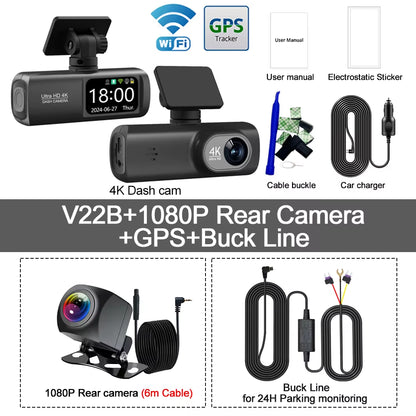 UHD 4K WiFi Dash Cam - Dual Lens Car DVR with Optional 1080P Rear Camera, GPS, and 24H Parking Monitoring