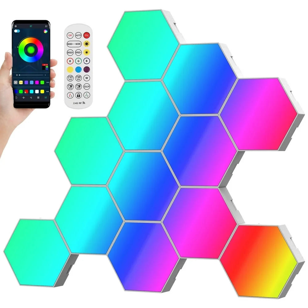 Hexagon LED Lights 12-Pack: RGB Smart Wall Panels with Music Sync for Room, Bar, and Gaming Setup Decor