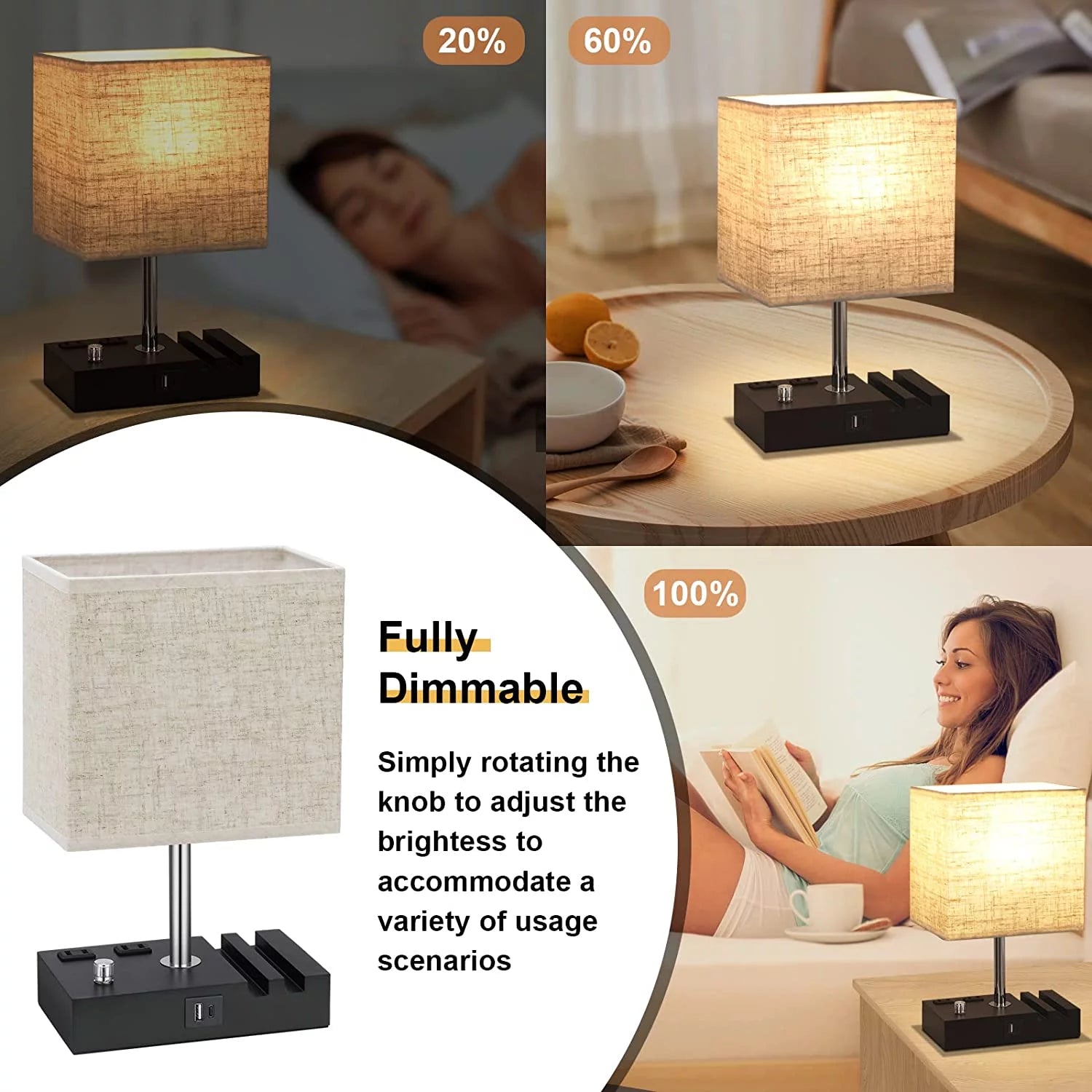 Fully Dimmable Bedside Lamp with USB Ports, Phone Stands, and Charging Outlets