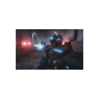Cyberpunk Tactical Outdoor Rug — Futuristic Shooter Scene Patio Mat