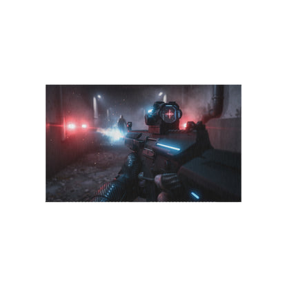 Cyberpunk Tactical Outdoor Rug — Futuristic Shooter Scene Patio Mat