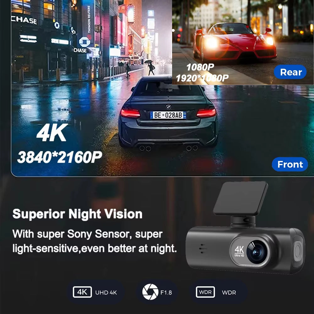 UHD 4K WiFi Dash Cam - Dual Lens Car DVR with Optional 1080P Rear Camera, GPS, and 24H Parking Monitoring