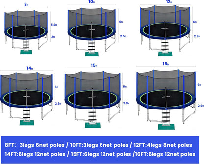 No-Gap Design Outdoor Trampoline with Safety Enclosure Net, 1500 LBS Capacity - Available in Sizes 8FT to 16FT