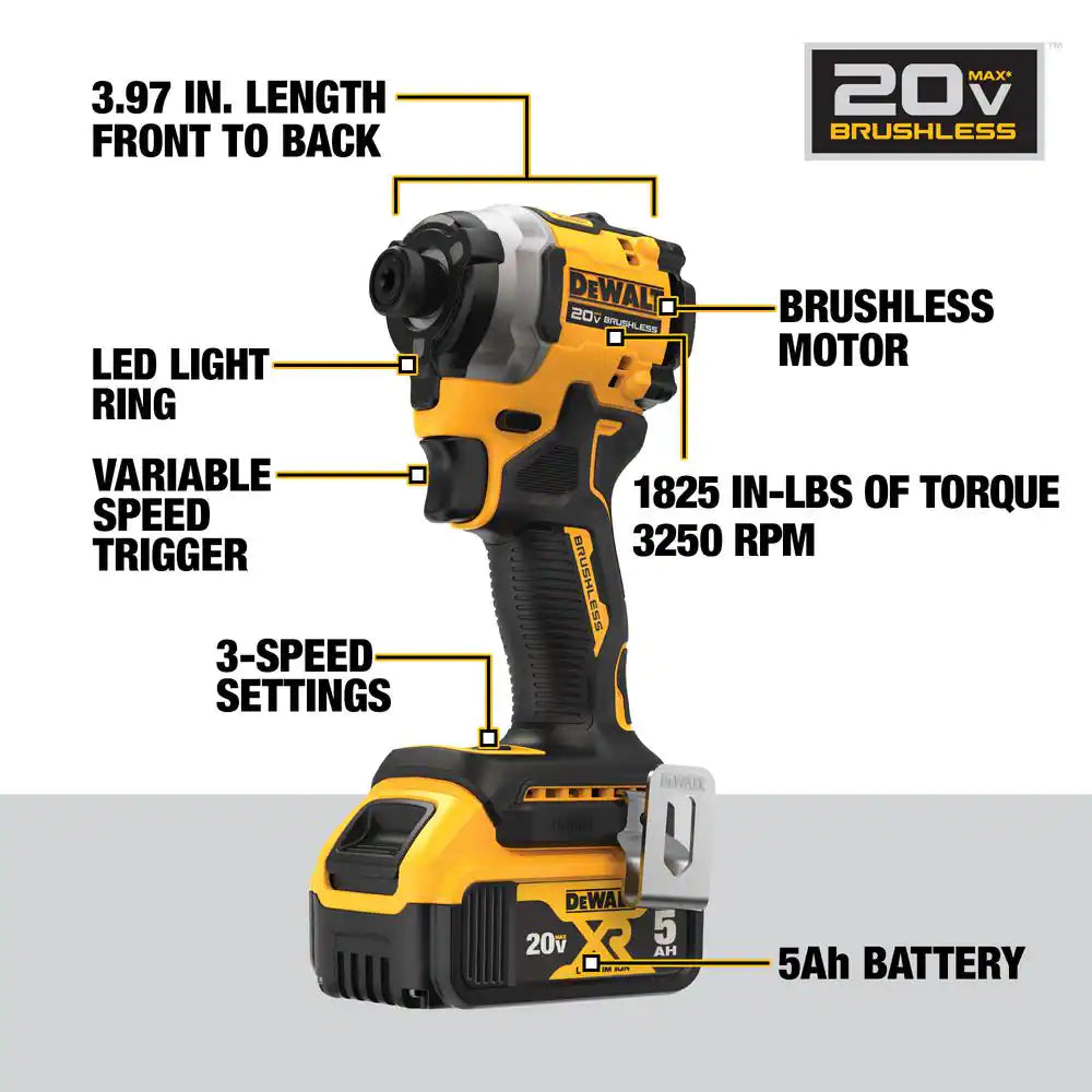 ATOMIC 20V MAX Brushless Impact Driver Kit with 5Ah Battery, Charger & Bag