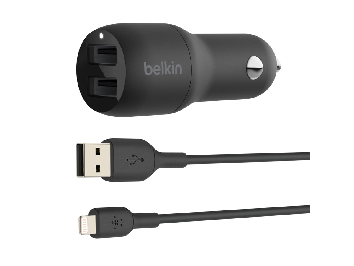 Belkin BoostCharge Dual USB-A Car Charger 24W with Lightning Cable - Black
