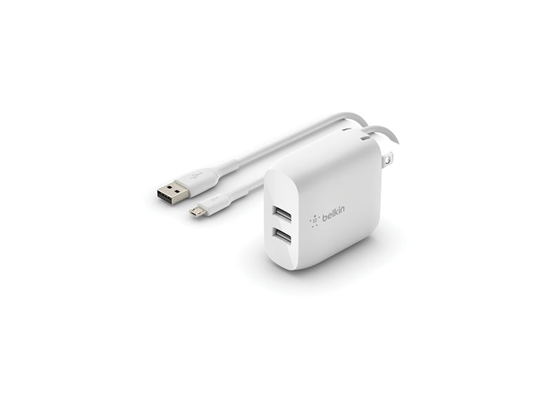 Belkin BoostCharge Dual USB-A Wall Charger 24W with Micro-USB Cable - White