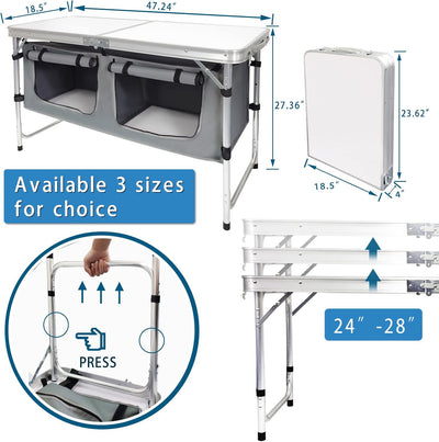 Portable Folding Camping Table with Storage – Lightweight Aluminum, Height Adjustable Picnic Table for Outdoors, Beach, Tailgating, BBQs, and Travel