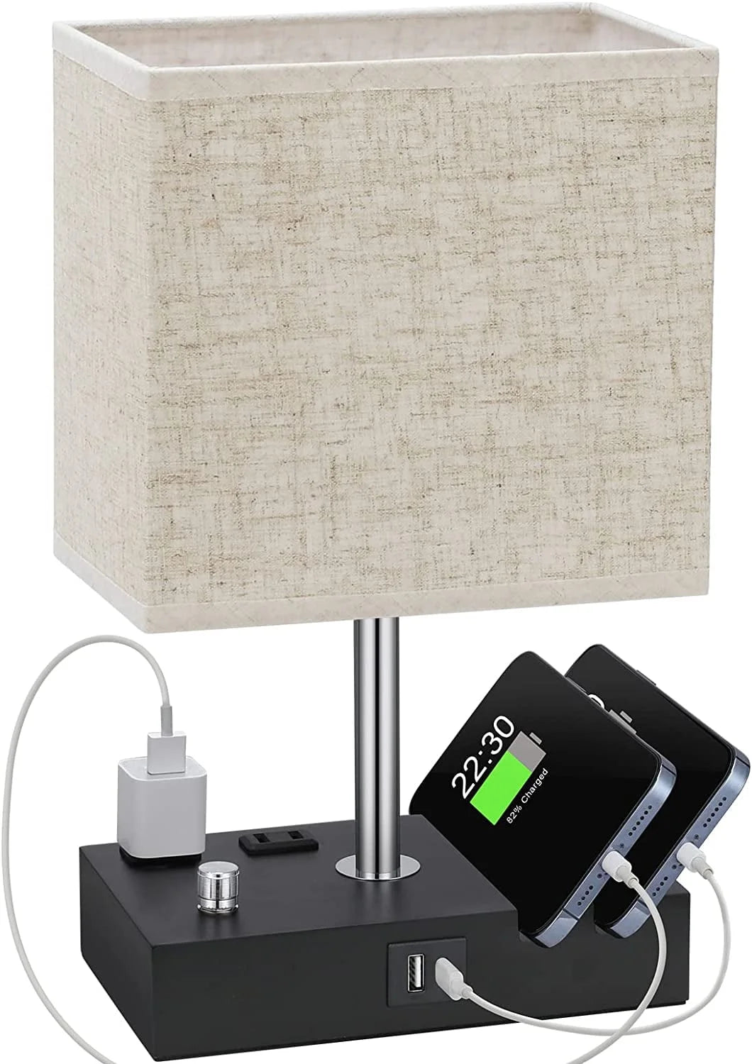 Fully Dimmable Bedside Lamp with USB Ports, Phone Stands, and Charging Outlets
