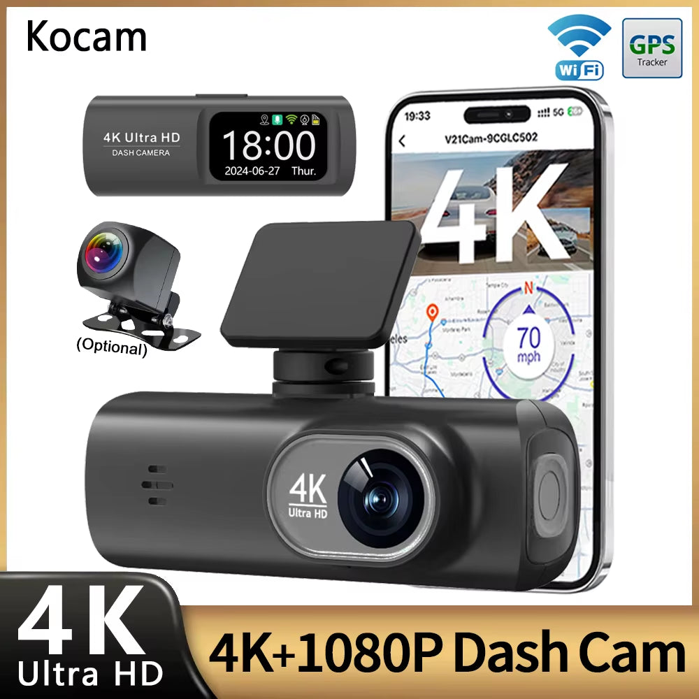 UHD 4K WiFi Dash Cam - Dual Lens Car DVR with Optional 1080P Rear Camera, GPS, and 24H Parking Monitoring