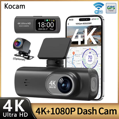 UHD 4K WiFi Dash Cam - Dual Lens Car DVR with Optional 1080P Rear Camera, GPS, and 24H Parking Monitoring