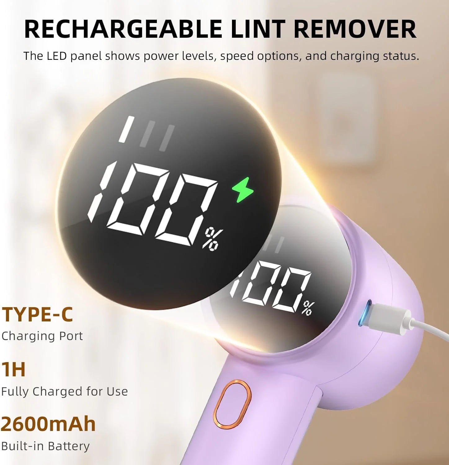 Rechargeable Fabric Shaver - 3-Speed Lint Remover with LED Display & 6-Blade Design for Clothes, Furniture, Sweaters, and Blankets